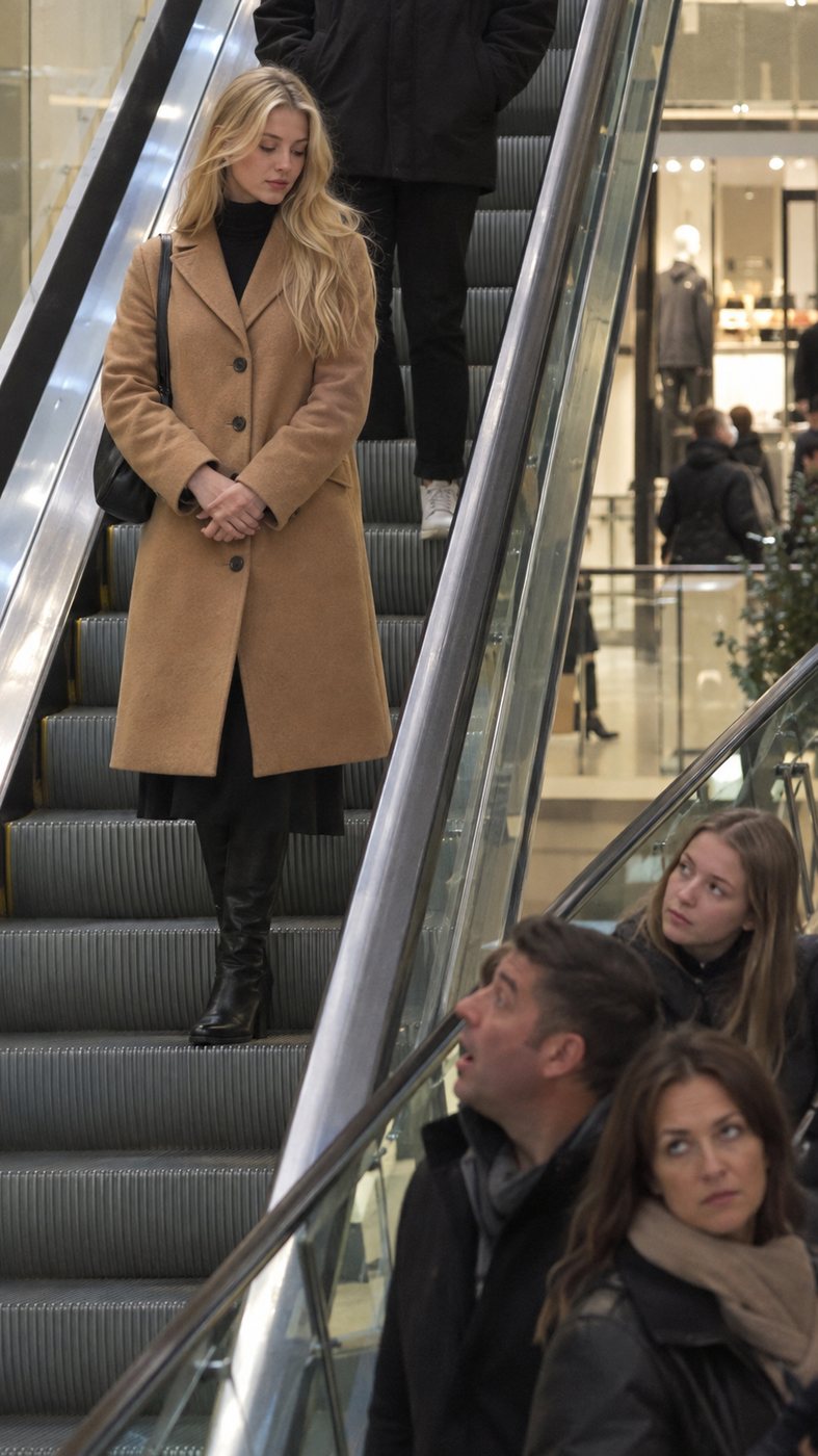 A woman in a camel coat on an escalator while the people beside her turn to look